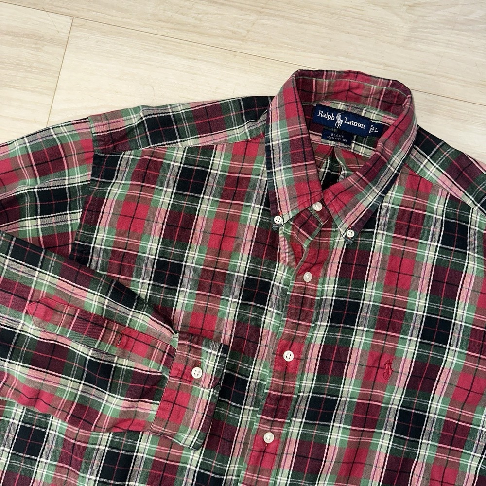 VTG Polo Ralph Lauren Flannel Shirt Men's L Red Green Plaid Cotton Button Down